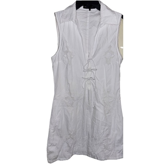 Zara Poplin Shirt Dress Lace Front V Neck Lapel Collar SZ L  Embroidered - Picture 2 of 9